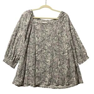 J.Jill Women's 2X Paisley Print Top Square Neck 3/4 Sleeve Blouse Cream Purple